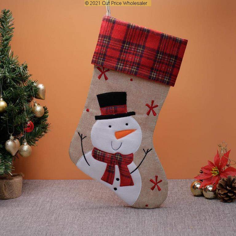 Deluxe Plush Hessian Tartan Snowman Stocking 40cm X 25cm - Click Image to Close