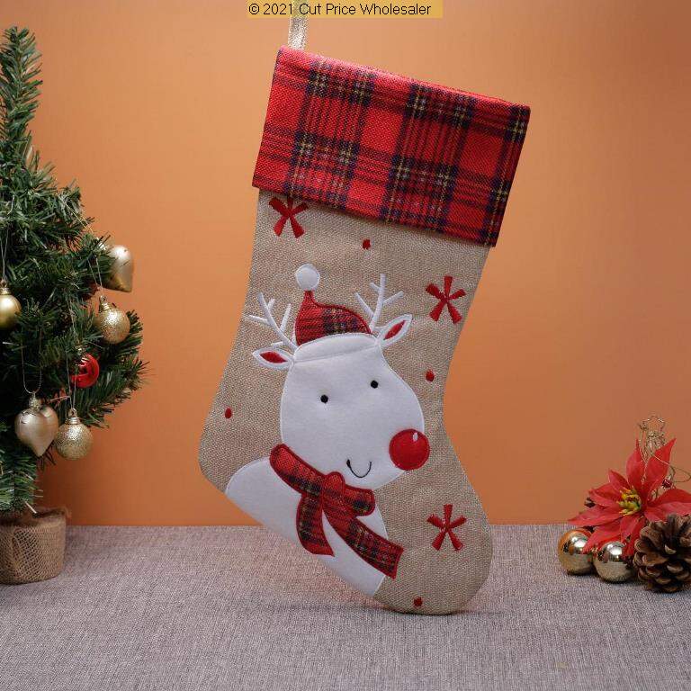 Deluxe Plush Hessian Tartan Reindeer Stocking 40cm X 25cm - Click Image to Close