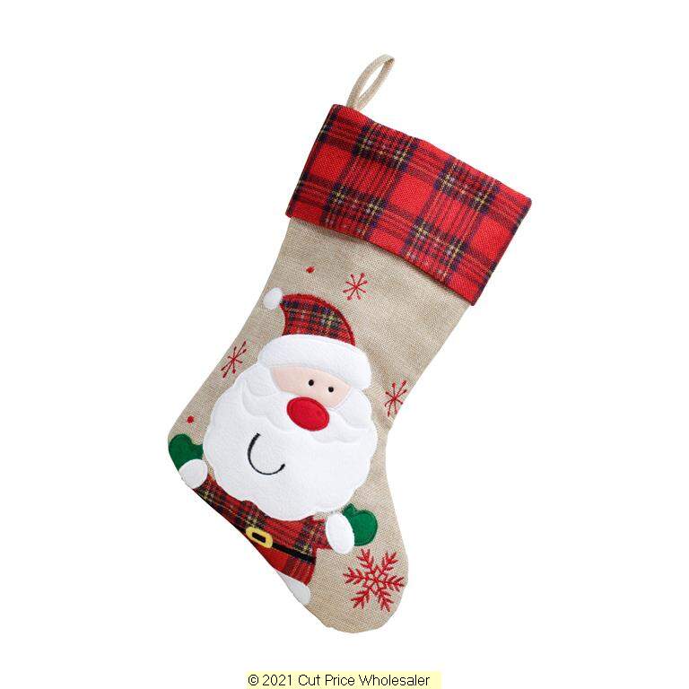 Deluxe Plush Tartan Santa Christmas Stocking 40cm X 25cm - Click Image to Close