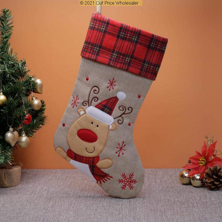 Deluxe Plush Tartan Reindeer Christmas Stocking 40cm X 25cm - Click Image to Close