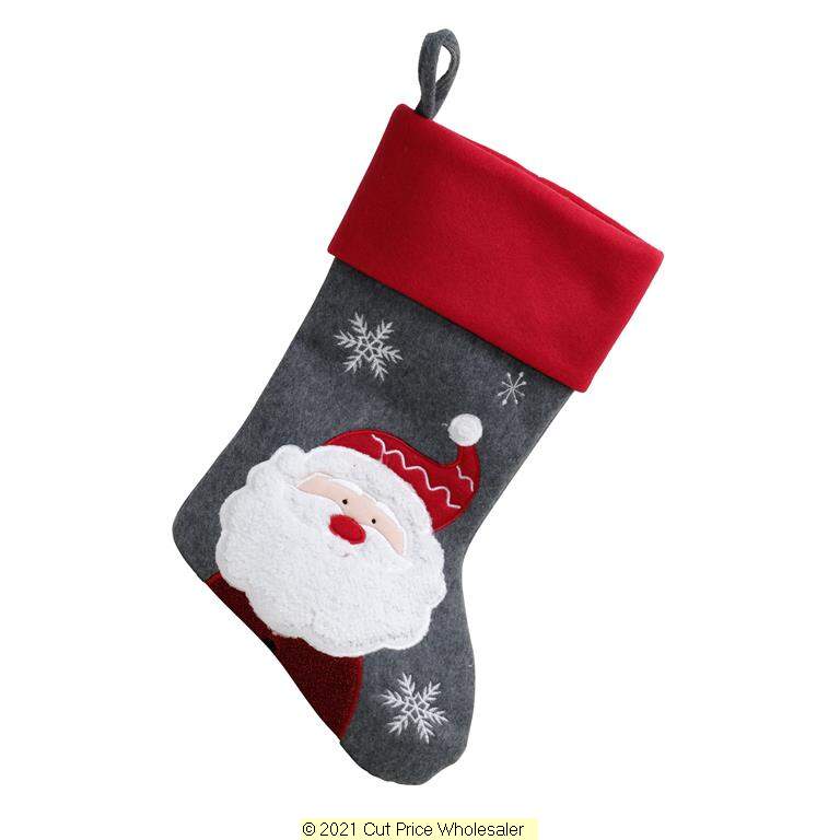 Deluxe Plush Grey Red Top Fluffy Santa Stocking 40cm X 25cm - Click Image to Close