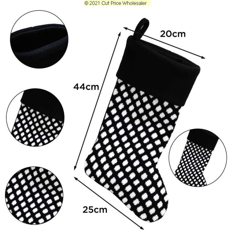 Deluxe Plush Black Knitted White Polka Stocking 40cm X 25cm - Click Image to Close