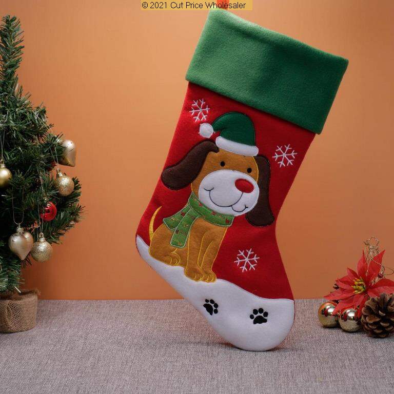Deluxe Plush Red Green Top Cute Dog Stocking 40cm X 25cm - Click Image to Close