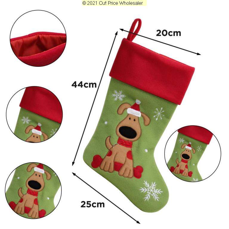 Deluxe Plush Plush Green Red Top Cute Dog Stocking 40cm X 25cm - Click Image to Close