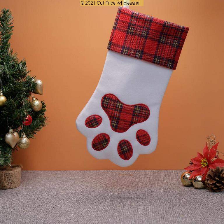 Deluxe Plush Red Tartan Dog Paw Shaped Stocking 36cm X 20cm - Click Image to Close