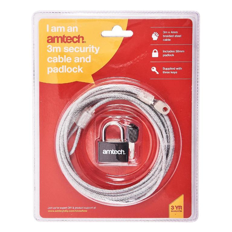 Amtech 3M X 4mm Security Cable & Padlock - Click Image to Close