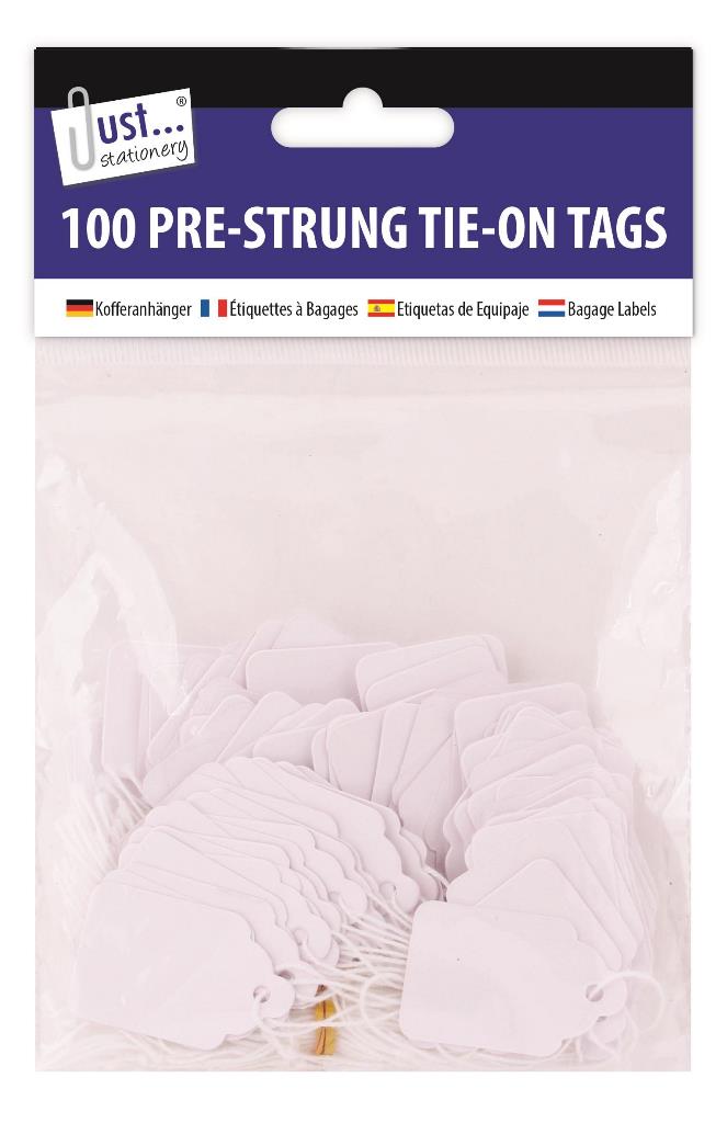100 Pre Strung White Tags 25X39mm - Click Image to Close