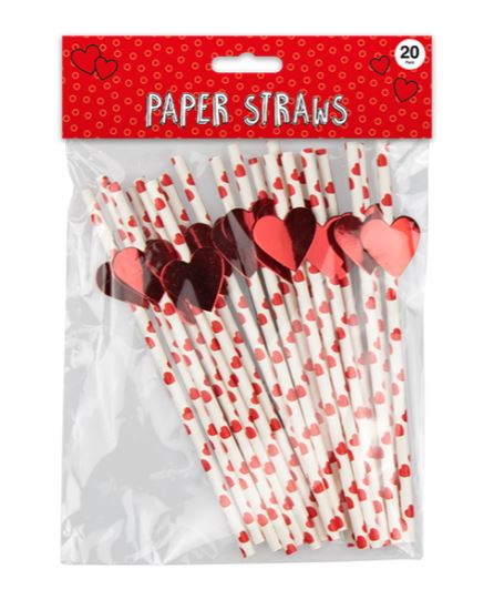 Valentines Day Heart Print Paper Straws 20 Pack - Click Image to Close