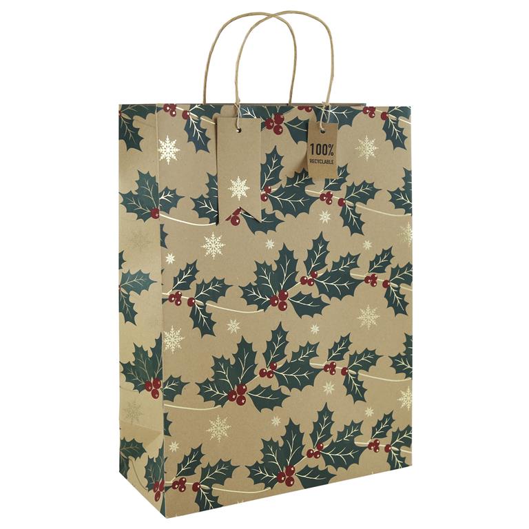 Christmas Kraft Holly Xl Bag (330mm X 455mm X 100mm) - Click Image to Close