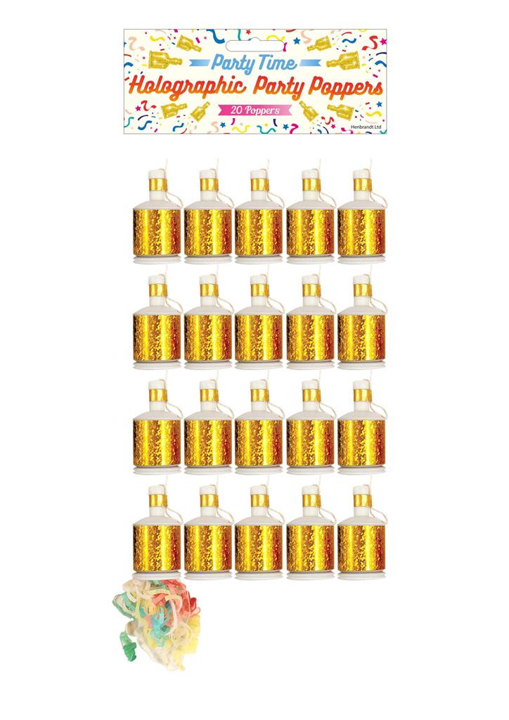 Party Poppers Gold Holographic 20 Pack - Click Image to Close