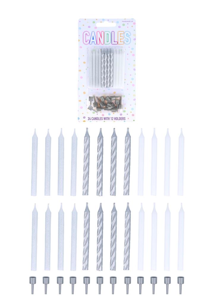 Silver 6cm Party Candles with 12 Holders 24 Pack - Click Image to Close