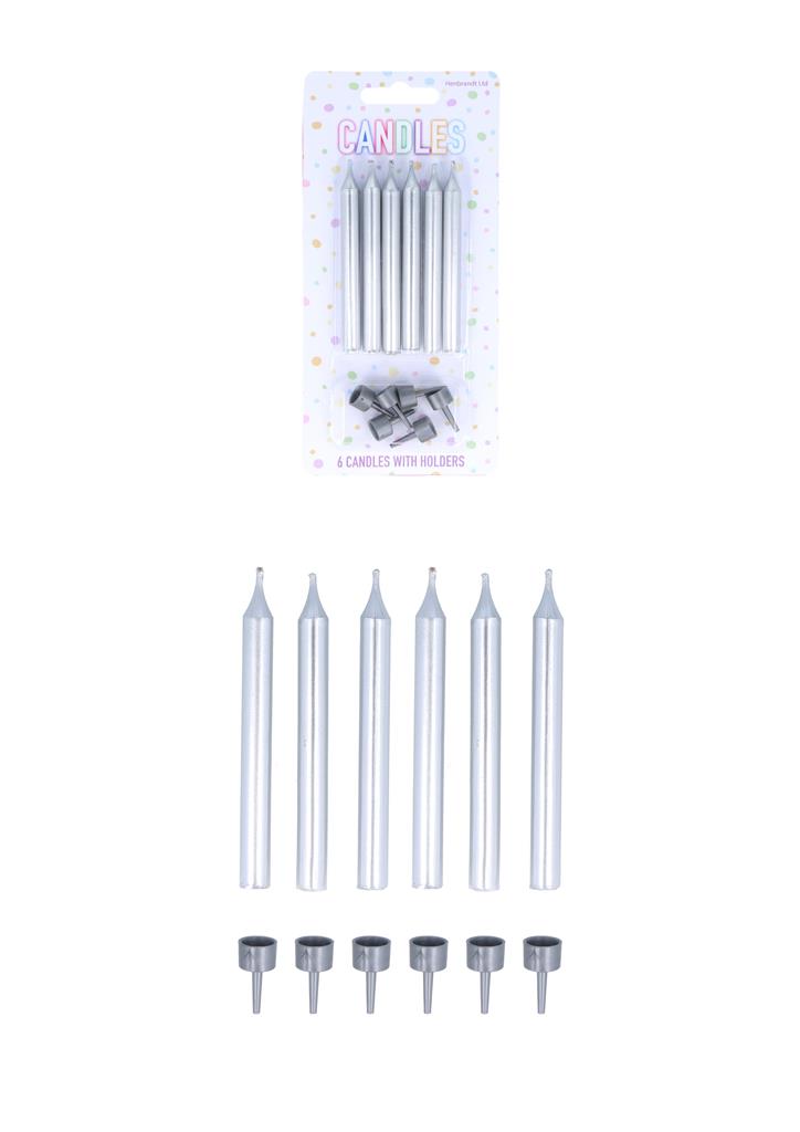 Silver Party Candles with 6 Holders (7.8cm) 6 Pack - Click Image to Close