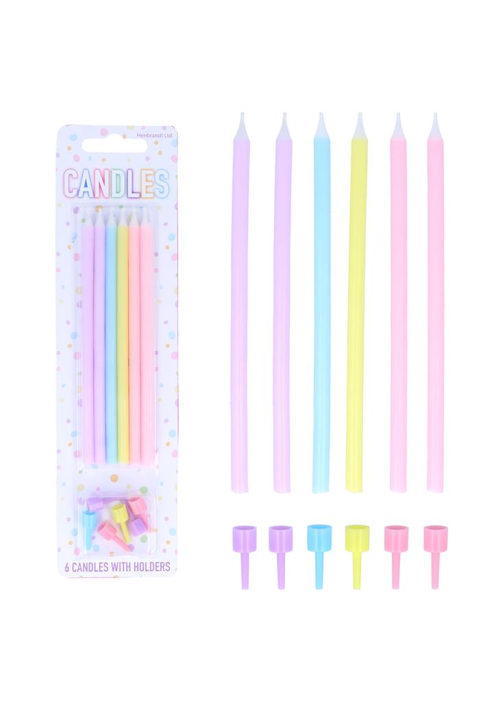 Pastel Tall Party Candles with Holders (12.5cm) 6 Pack - Click Image to Close