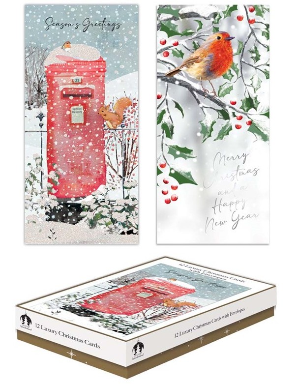 Christmas Cards 12 Slim Boxed Trad Postbox/Robin - Click Image to Close