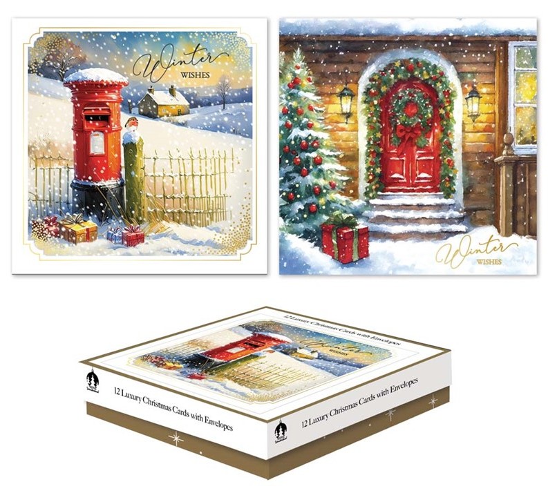 Christmas Cards 12 Square Boxed Postbox / Door - Click Image to Close