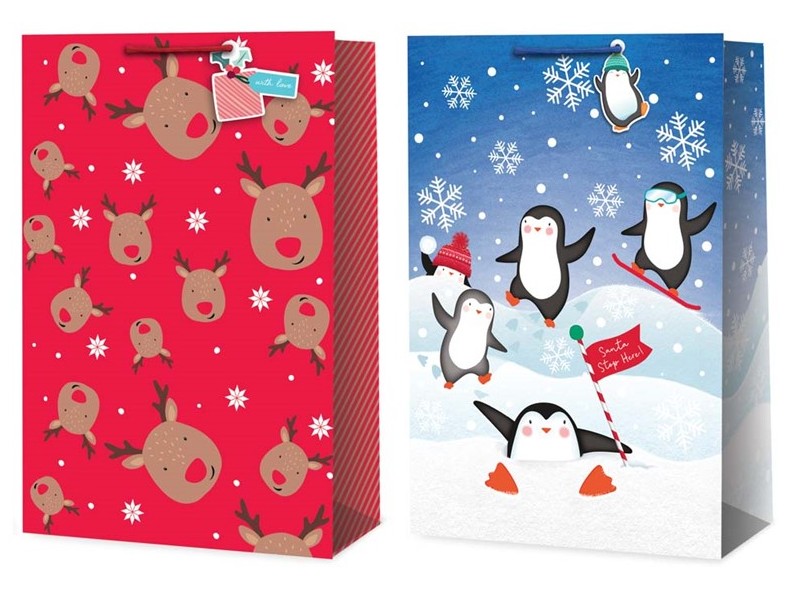 Christmas Gift Bag XMAS Kids Penguin/Reindeer Super Jumbo - Click Image to Close