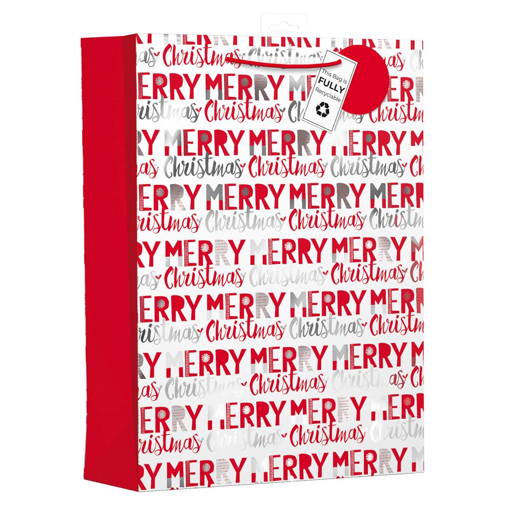 Christmas Red & Silver Text Ex Large Bag - Click Image to Close
