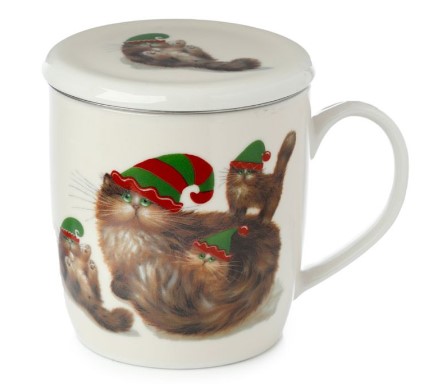 Kim Haskins Christmas Elf Cats Porcelain Infuser Mug Set - Click Image to Close