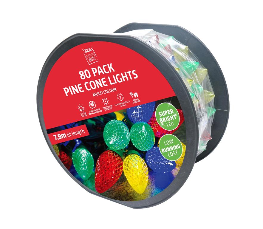 Christmas Multi Coloured Pinecone LED Light Reel ( 80 Lights ) - Click Image to Close