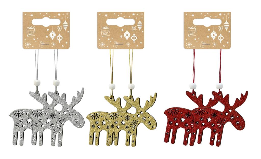 Hanging Reindeer Glitter 2Pc - Click Image to Close