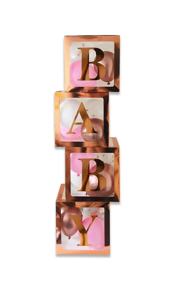 Set Of 4 Rose Gold Baby Balloon Boxes 30cm X 30cm - Click Image to Close