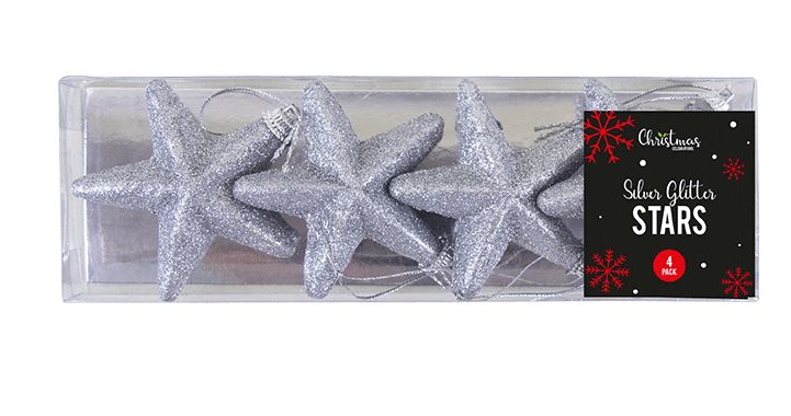 SILVER GLITTERED STAR CHRISTMAS TREE DECORATIONS - Click Image to Close