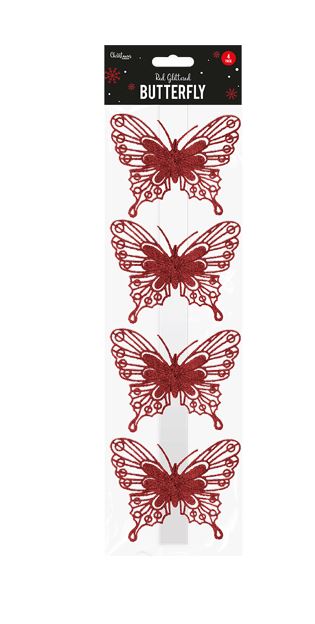 Christmas Red Glittered Butterfly Decorations - 4 Pack - Click Image to Close