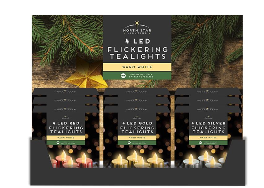 Led Mettalic Flickering Tea Lights 4 Pack - Click Image to Close