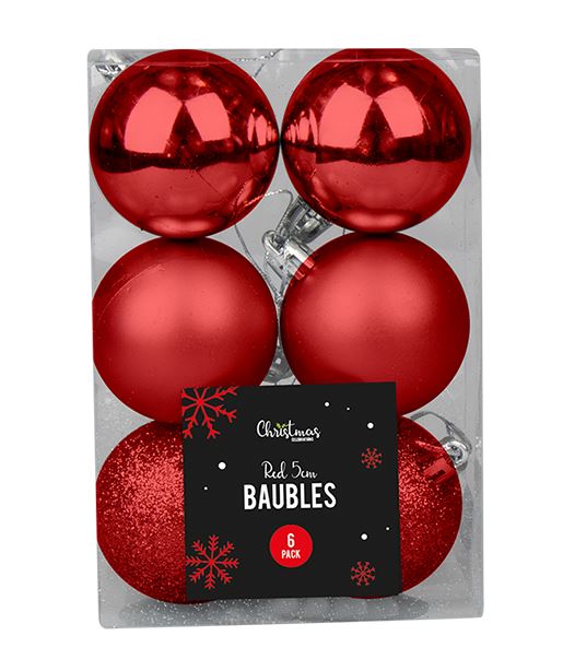Red Baubles 5cm 6 Pack ( Assorted Designs ) - Click Image to Close