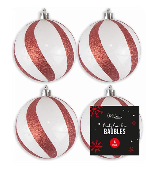 Candy Cane Glitter Baubles 4pk - Click Image to Close