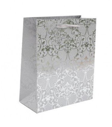 Christmas Silver Damask Gift Bag Medium - Click Image to Close