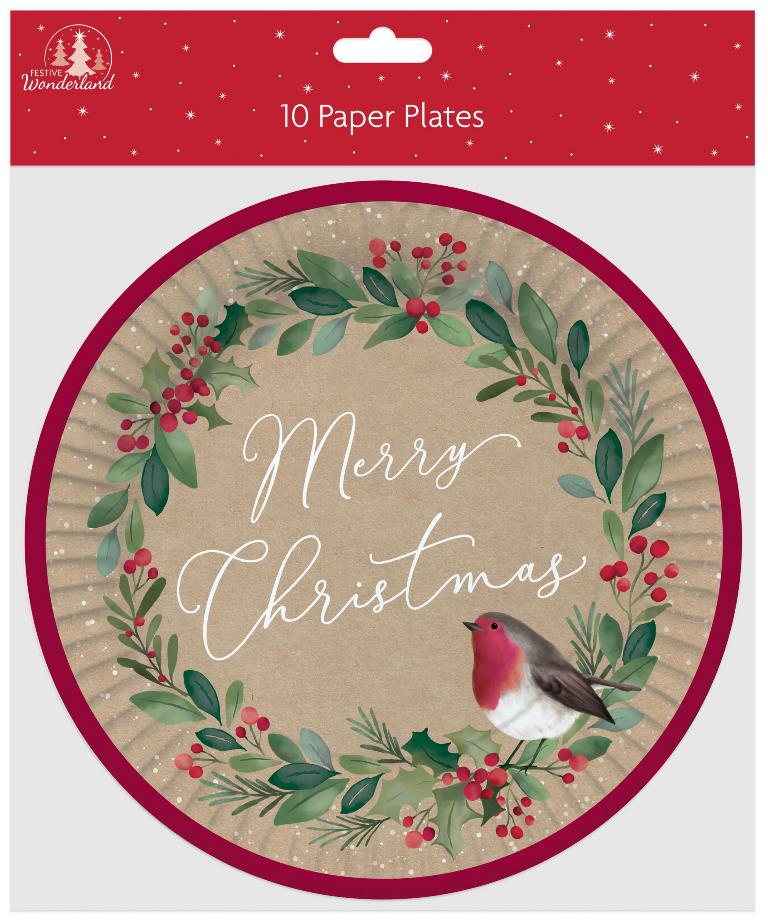 10 Pack Paper Plates - Traditional - Holly/Robin - Click Image to Close