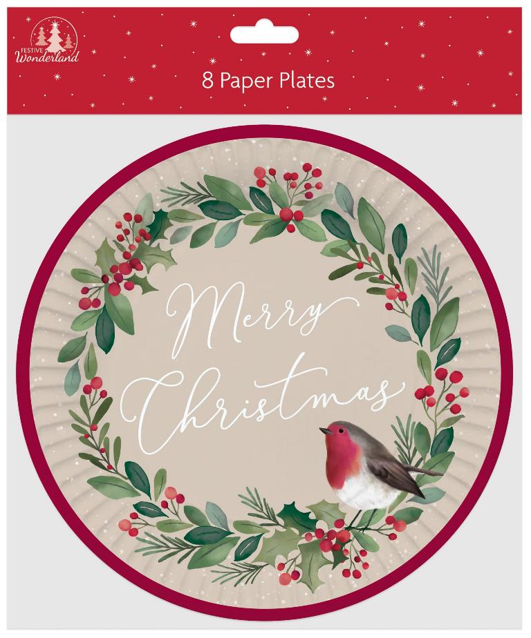 Party Christmas 8 Pack Paper Plates - Trad - Click Image to Close